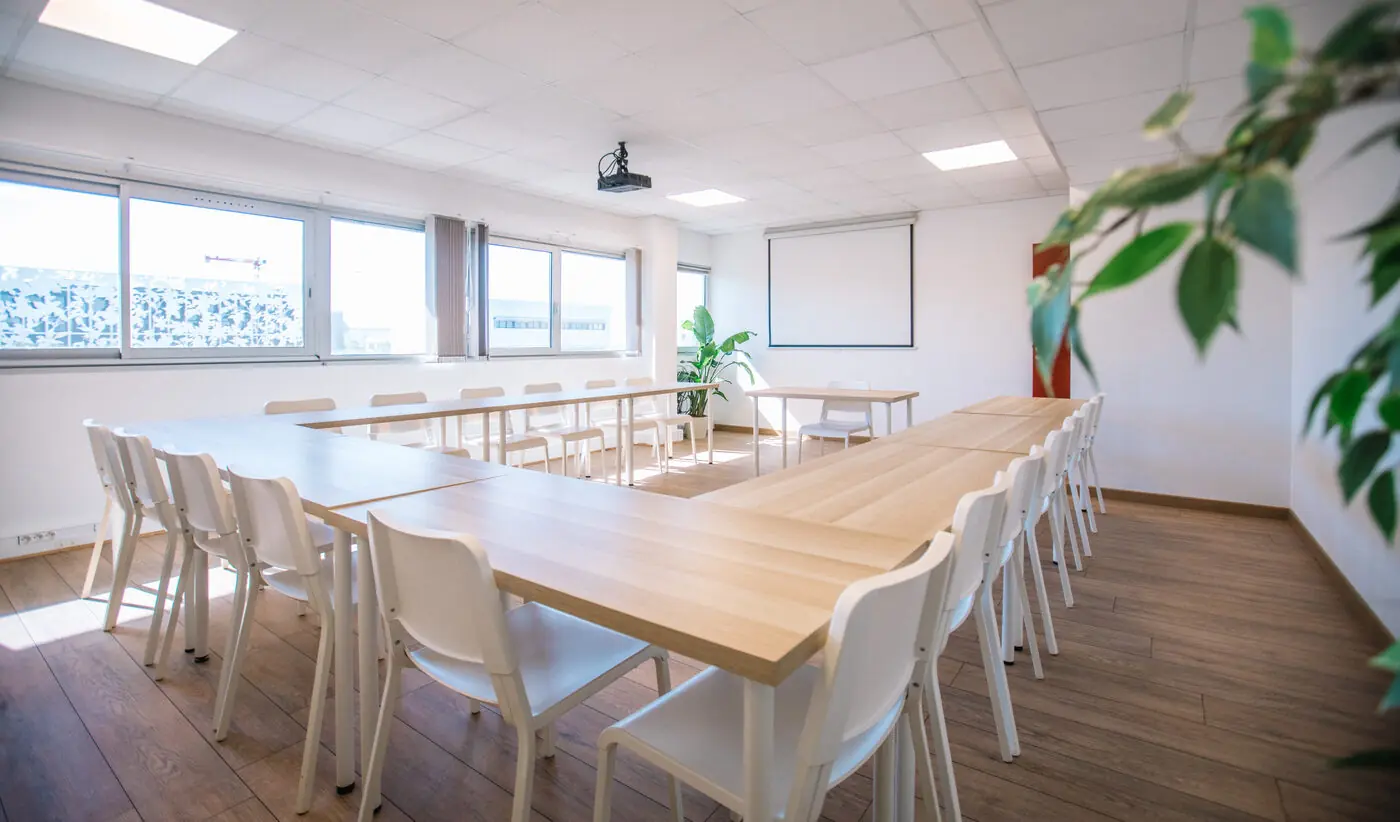 Salle Aigoual Millénaire Montpellier — formation professionnelle 12 à 16 personnes Salle de formation bois clair lumineuse Millénaire Montpellier — 12 à 16 personnes WiFi fibre formation professionnelle